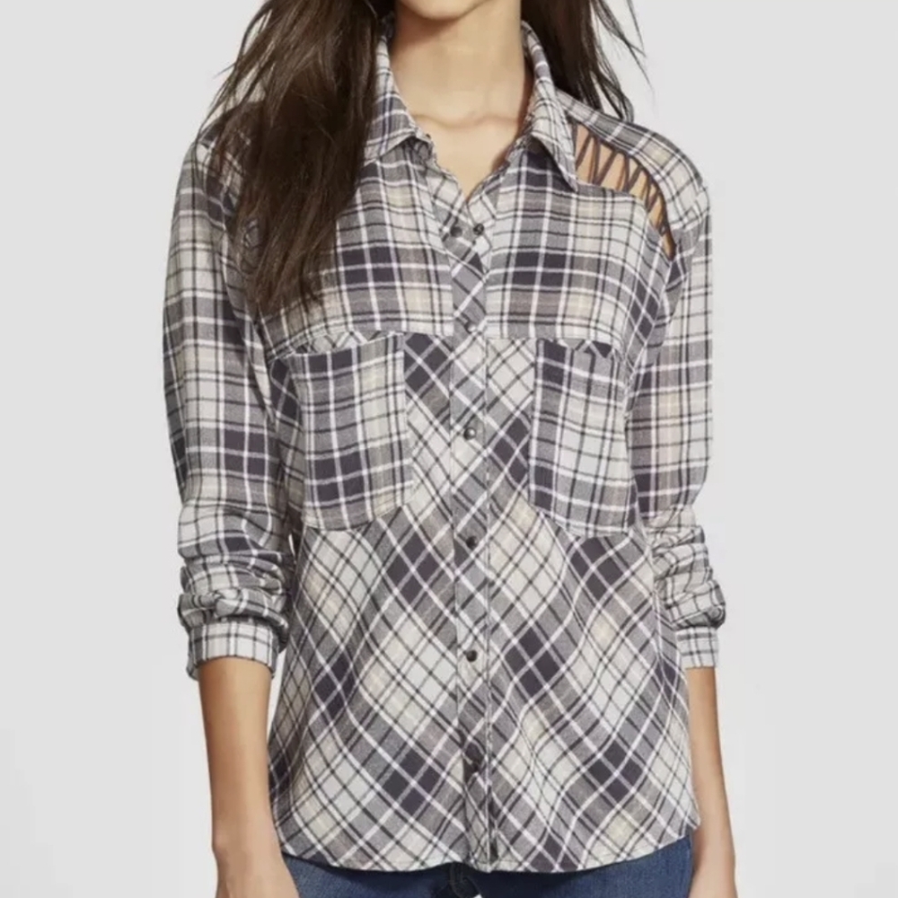 FREE PEOPLE Plaid Lace Shoulder Shirt Sz.S Grey